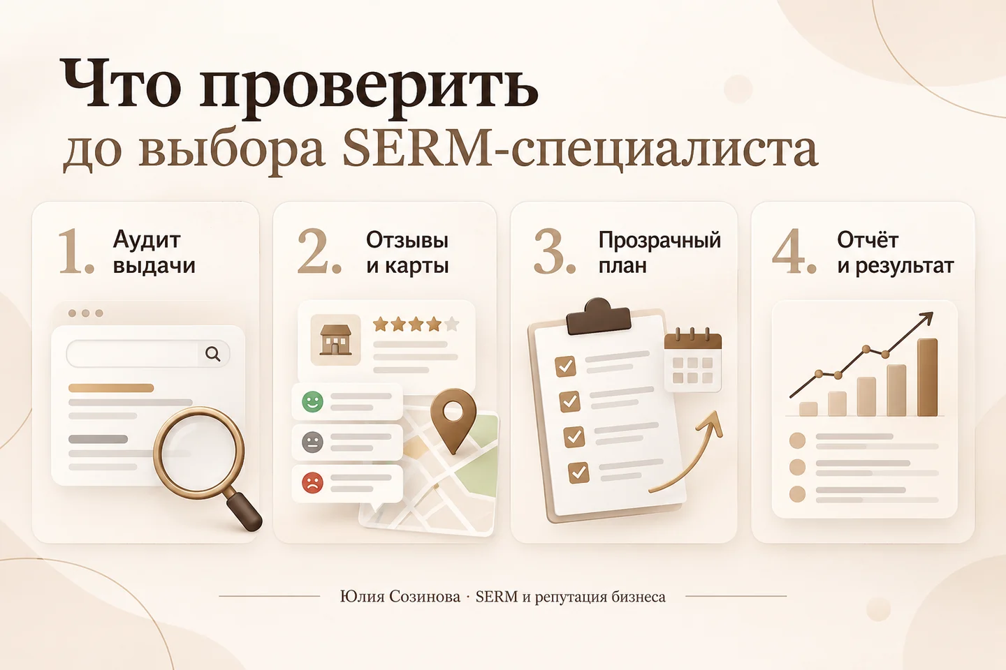 Четыре проверки перед выбором специалиста по SERM: аудит выдачи, отзывы и карты, план, отчёт